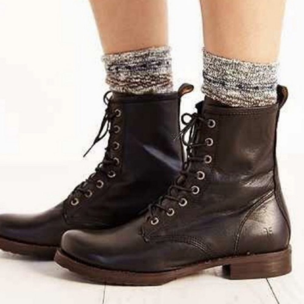 Frye Veronica Combat Dark Brown Leather Lace Up Boots size 6 - Picture 4 of 16